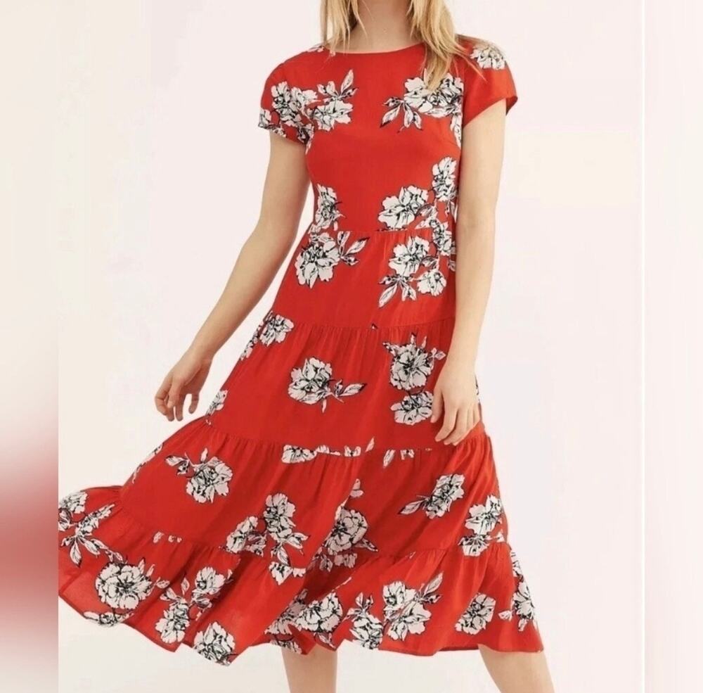 Free People Size XS Rita Floral Print Tiered Midi Dress Red Hourglass Swing